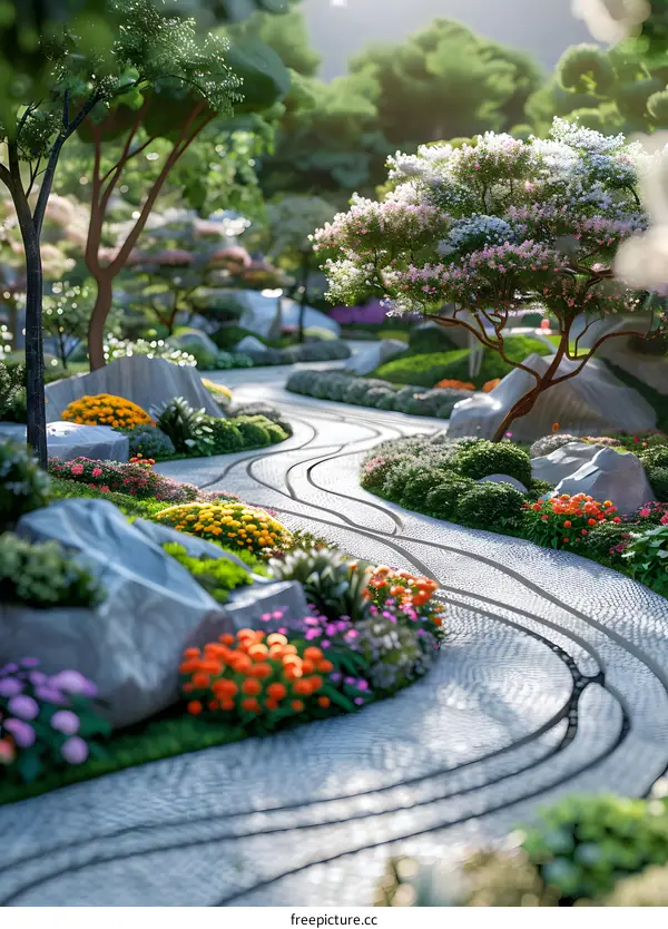 landscaped garden path with rocks and flowers