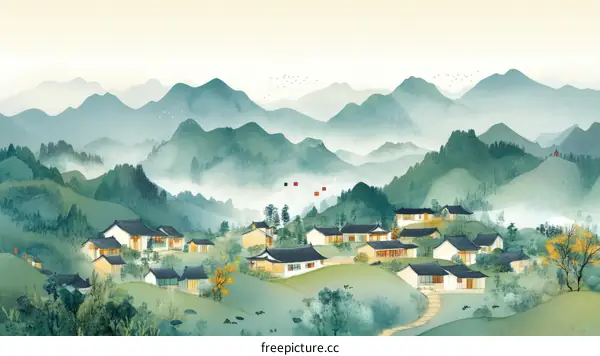 Misty Mountain Village Landscape Painting