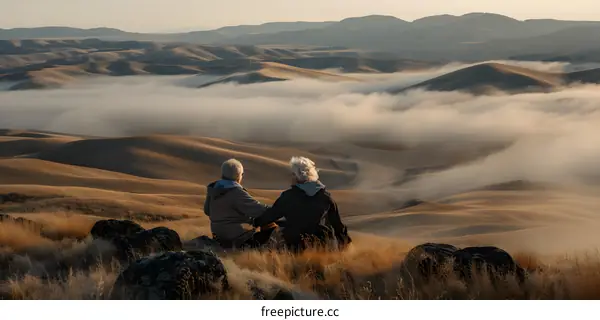 Couple Sitting on Hilltop Looking at Foggy Landscape