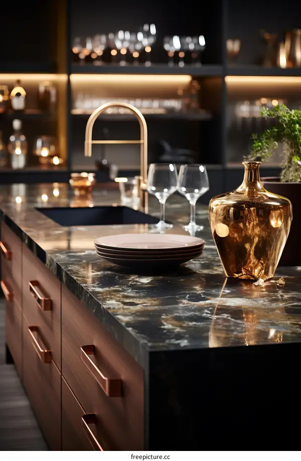 Kitchen Island With Plates And A Golden Vase