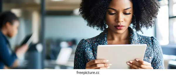 African American Businesswoman Using Tablet Computer In Office