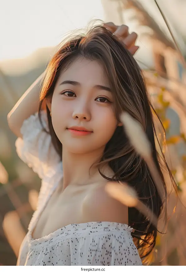 Portrait of a Young Asian Woman with Long Hair and a White Shirt