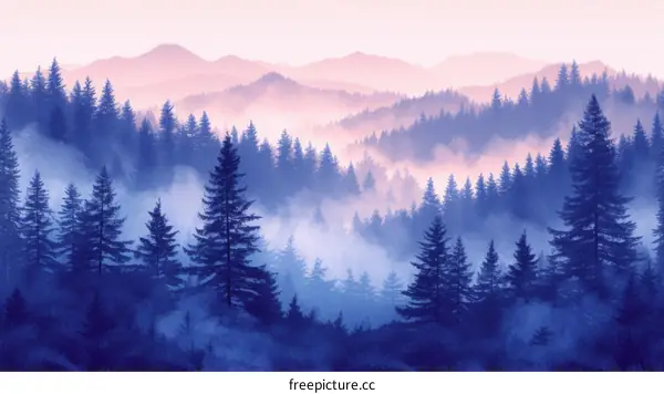 Blue misty mountains and pine trees landscape illustration