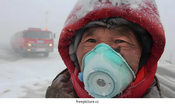 Elderly Woman Wearing a Face Mask in Snow Covered Landscape