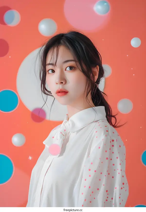 Portrait of a Young Woman in a White Shirt with Pink Polka Dots