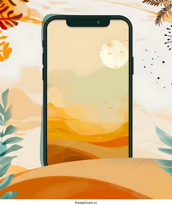 Mobile Phone Screen With Desert Sunset Landscape Illustration
