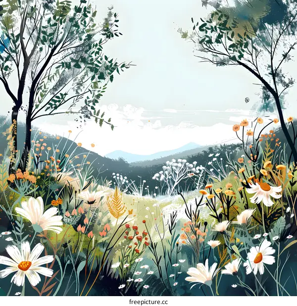 Wildflowers Meadow Landscape Illustration