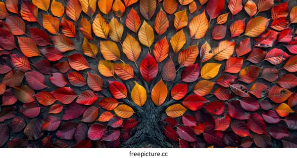 Colorful Autumn Leaves Arranged in a Tree Shape