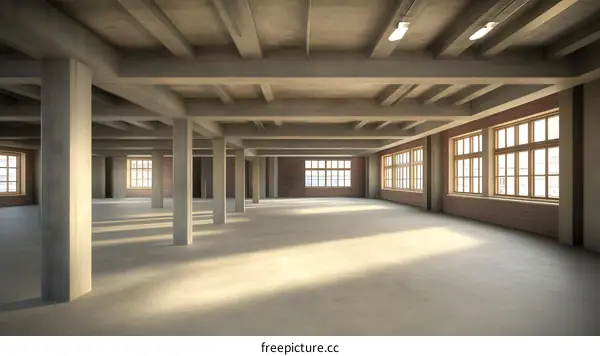 Empty Industrial Building With Large Windows And Exposed Beams