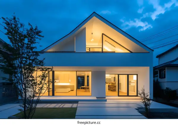 Modern White House Exterior With  Sloped Roof  at Dusk