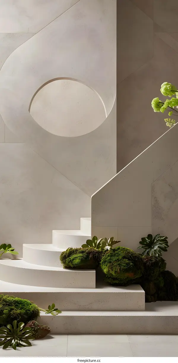 Modern Interior Design With Stone Stairs and Green Plants