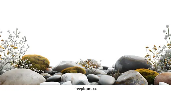 White Flowers and Stones on White Background