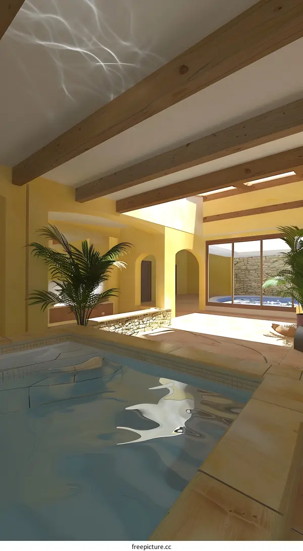 Indoor Swimming Pool With Wooden Beams And Palm Trees