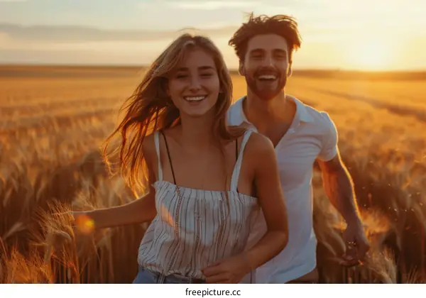 Young couple running through a wheat field at sunset