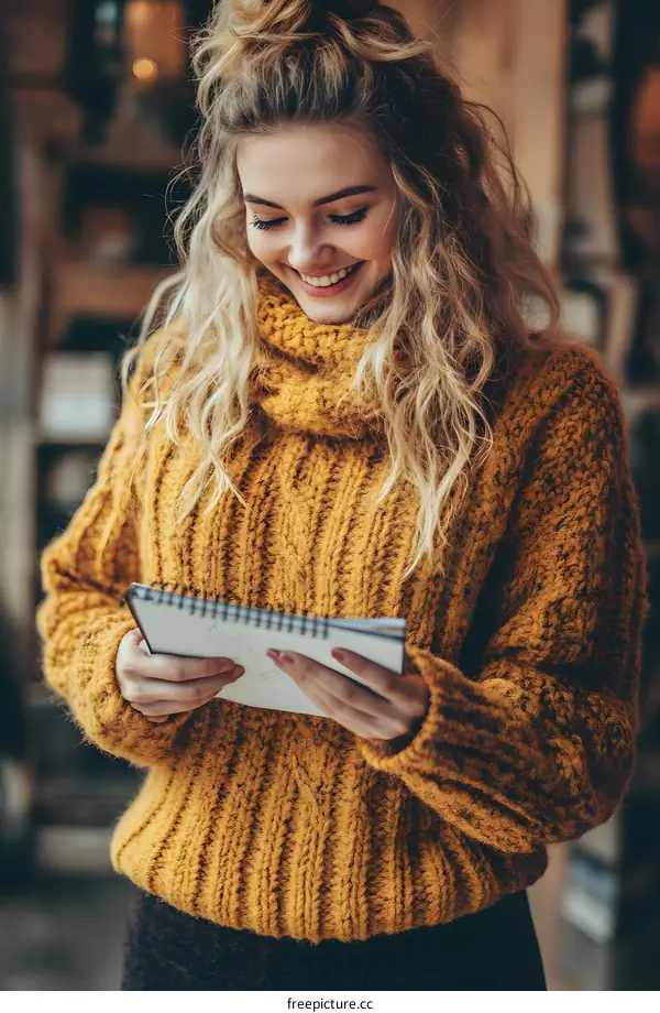 Smiling Woman Wearing A Yellow Knit Sweater Holding A Notebook