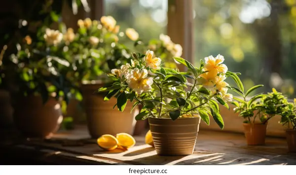 Yellow flowers in pots on a wooden table by the window