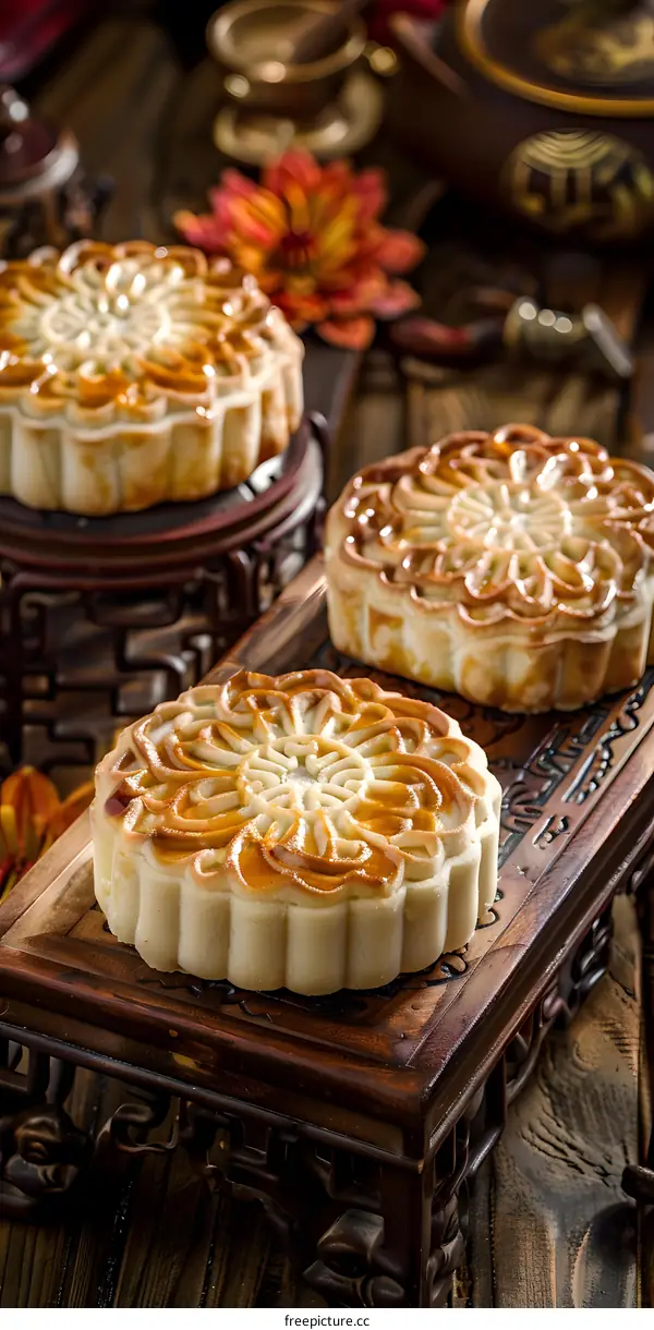Chinese Moon Cakes on Wooden Stand
