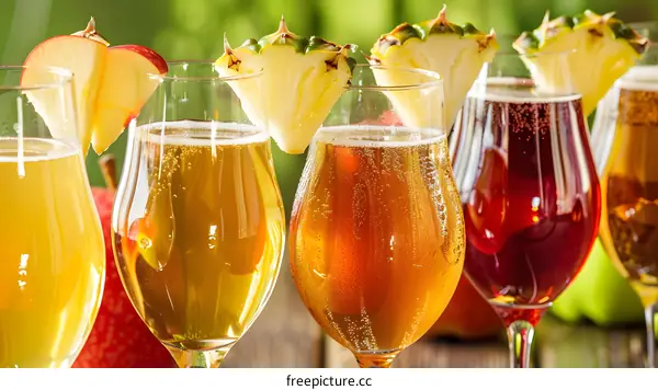 Closeup of Four Different Flavored Alcoholic Drinks with Pineapple and Apple Garnishes