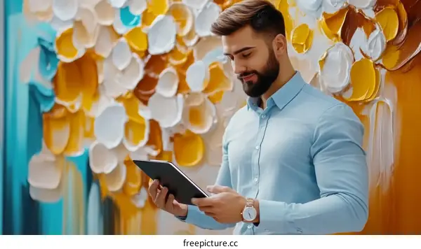 Man in Light Blue Shirt Examining Tablet in Front of Abstract Artwork
