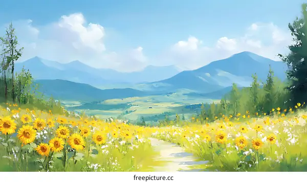 Summer Sunflower Meadow Mountain Landscape Painting