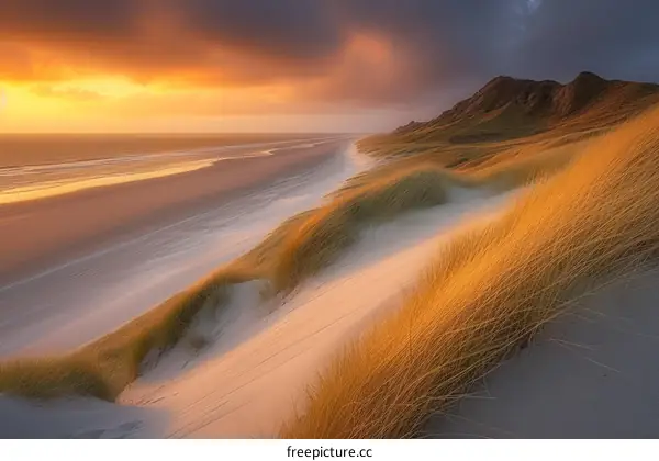 The setting sun casts a golden glow over the windswept dunes