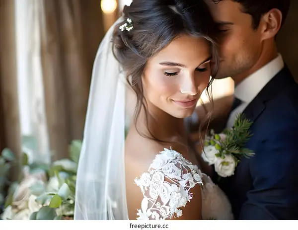 A groom kisses his bride on the cheek