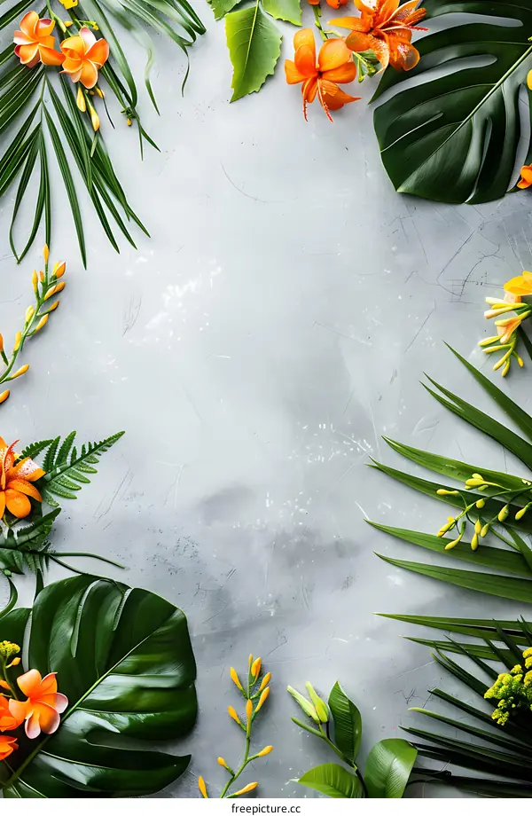 Tropical Leaves and Flowers on Gray Background