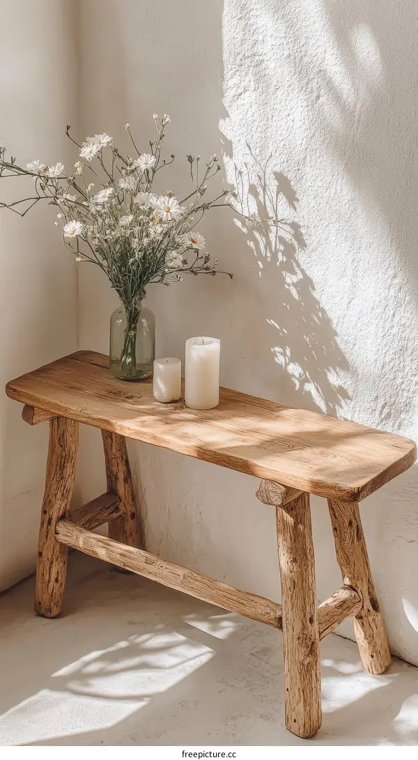 Rustic Wooden Bench with Floral Arrangement