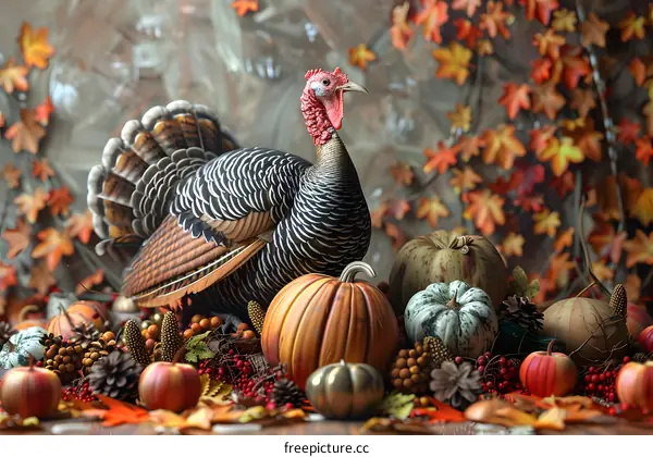 A bountiful Thanksgiving still life with a turkey, pumpkins, gourds, corn, wheat, and fall leaves.