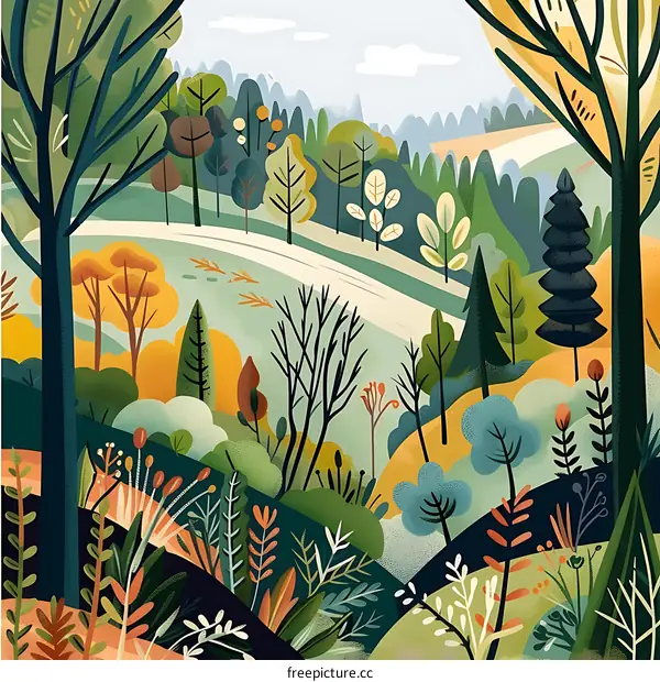 Beautiful Colorful Autumn Forest Illustration