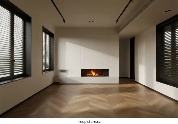 Modern minimalist living room with fireplace and herringbone flooring