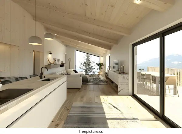 Modern Minimalist Home Interior Design With Wooden Beams And Large Windows