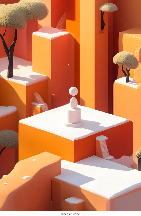 Abstract 3D Illustration with Orange Cubes and White Snow