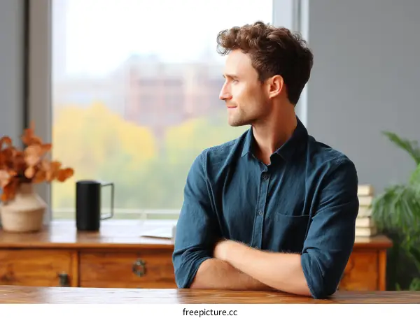 Caucasian Man Contemplating by Window