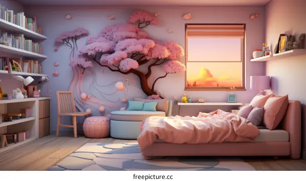 A cozy bedroom with a pink tree mural