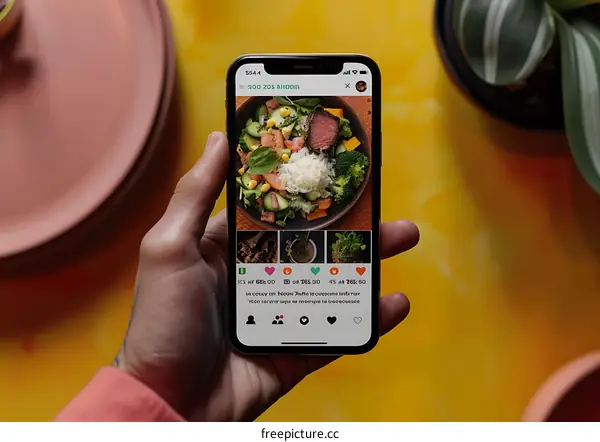 Hand Holding Smartphone Showing Food Photo on Social Media