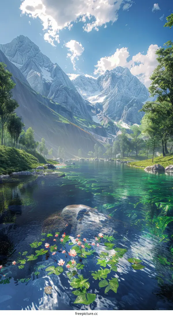 Crystal Clear River Flows Through Valley with Snow-Capped Mountains