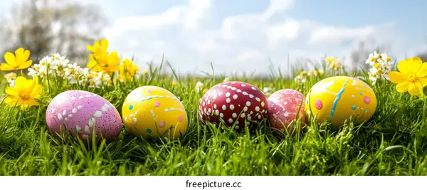 Easter Eggs in a Field of Flowers and Grass