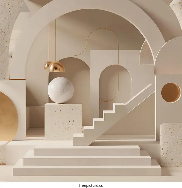 Abstract Minimalist 3D Render with Beige Arches, Stairs and Gold Accents