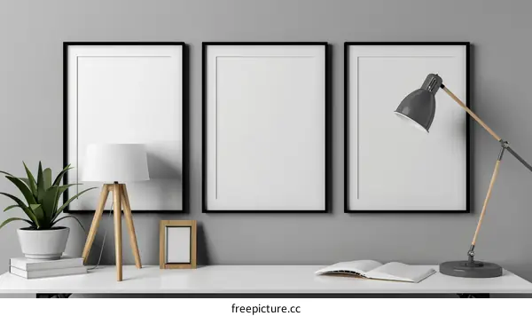 Black and White Desk with Potted Plant and Lamp