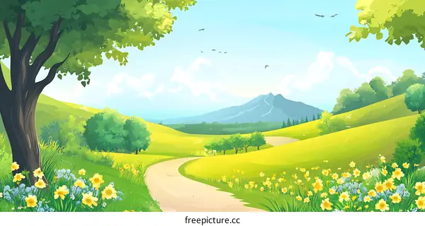 Beautiful Green Meadow Landscape Illustration
