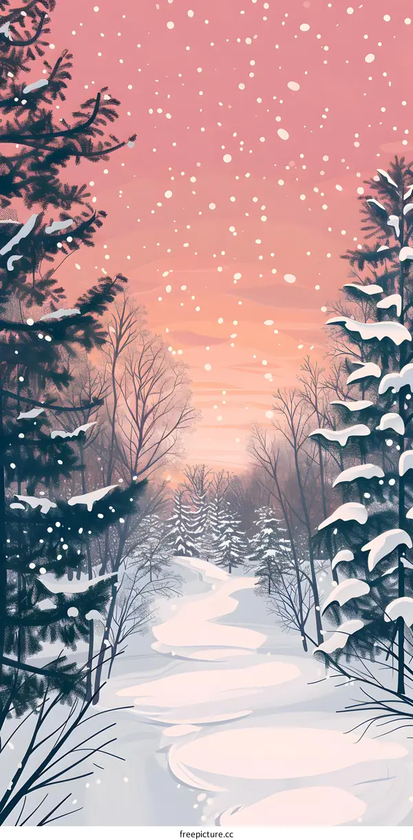 A snowy path through a winter forest