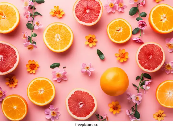 Fresh Citrus Fruits and Flowers on Pink Background