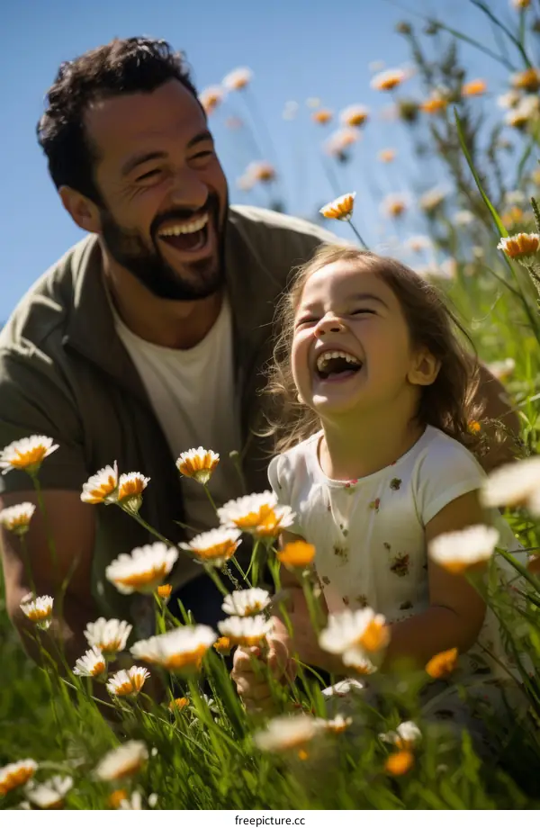 Father and daughter laughing in a field of flowers