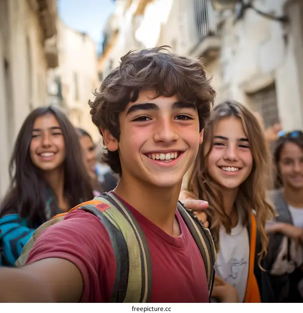 Happy Teenagers Taking a Selfie in the City