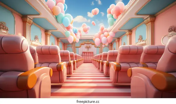 Surreal Empty Theater with Pink Leather Chairs and Colorful Balloons