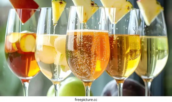Close up of four glasses with sparkling apple cider and pineapple slices