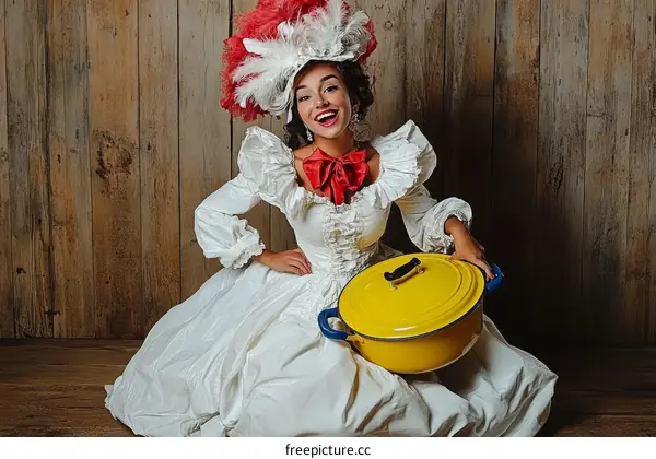 Vintage Woman in a White Dress Holding a Yellow Pot