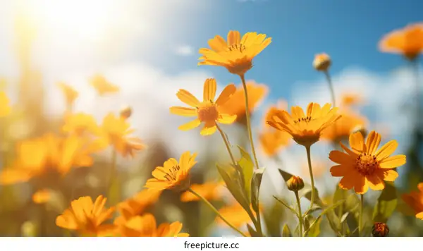 Orange cosmos flowers in a field on a sunny day