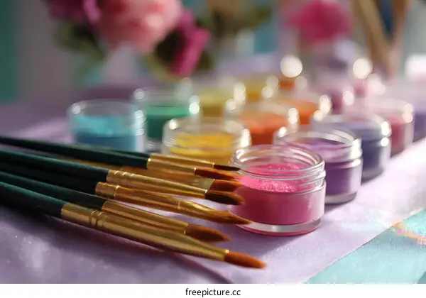 Colorful Paint Powders and Art Brushes